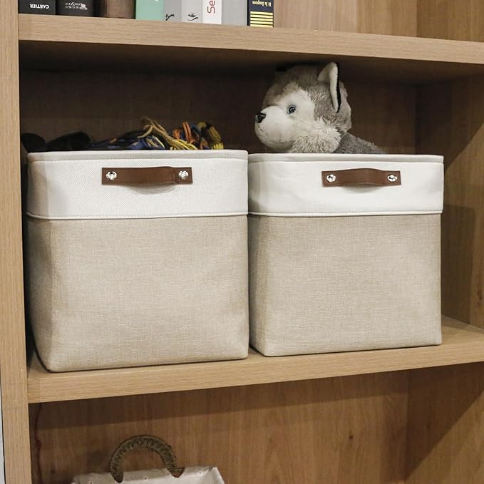 13x13 Cube Storage Bins, Collapsible Fabric Storage Box, 4 Pack Closet Baskets with Handles for Organizing, Shelf, Toys, Clothes, Home, Office, Nursery (Beige&White)-CasaMuseHome