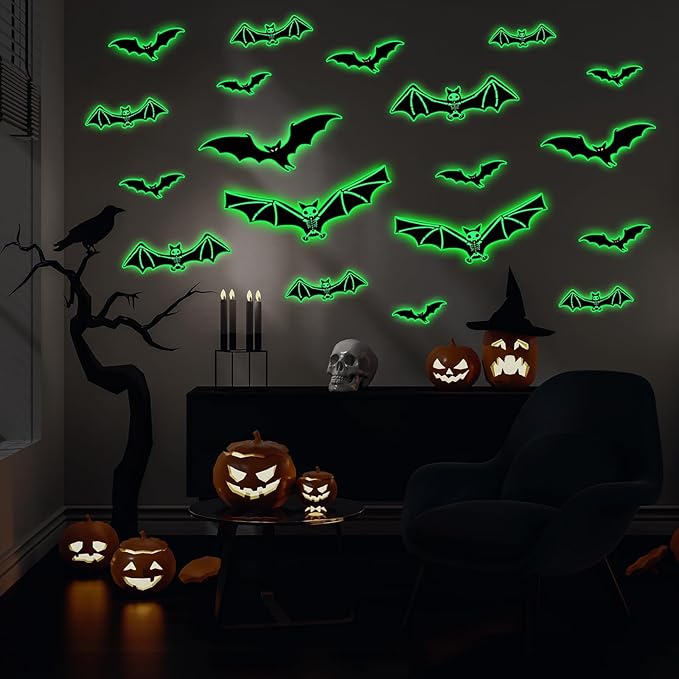 3 Sheets Glow in The Dark Halloween Skeleton Bat Decals Luminous Halloween Skeleton Bat Stickers Removable Bat Wall Decor Glowing Window Clings for Scary Halloween Theme Party Decorations-CasaMuseHome