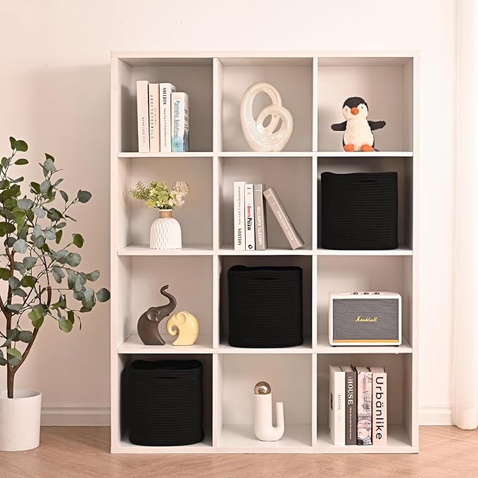 11 Inch Cube Storage Bins, Storage Cube Organizer Bins, Woven Cotton Rope Basket for Storage, Storage Baskets for Organizing Shelves, Square Baskets for Toys, Black (Pack of 3)-CasaMuseHome