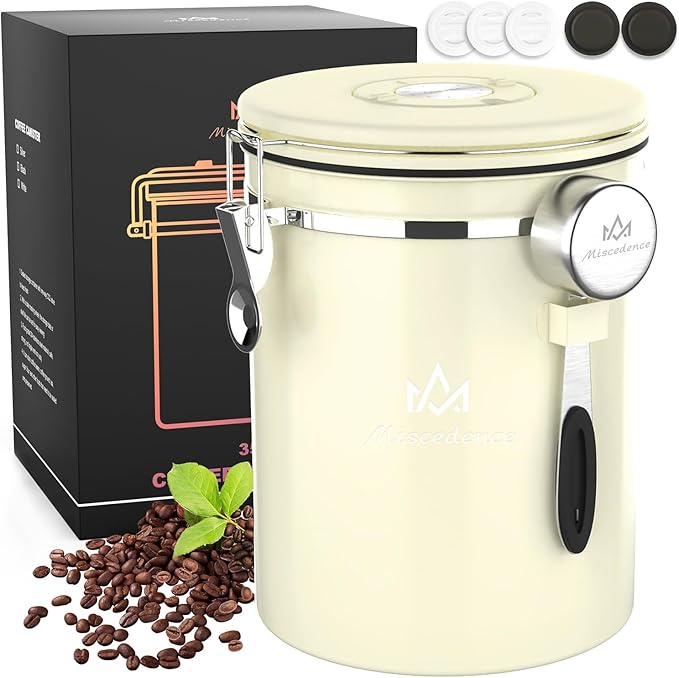 35OZ Coffee Canister for ground coffee with Date Tracker,beige 304 Stainless Steel Kitchen Food Airtight storage container for Coffee Beans or Grounds, Tea, Sugar-CasaMuseHome