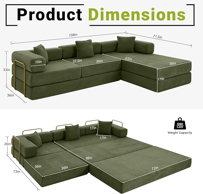 108" Oversized Convertible Sleeper Sofa Bed, Corduroy L Shape Sectional Couch, Folding Sofa Bed with Side Pocket, Modern Cloud Floor Mattress Couch, Modular Sofa for Living Room, Green-CasaMuseHome