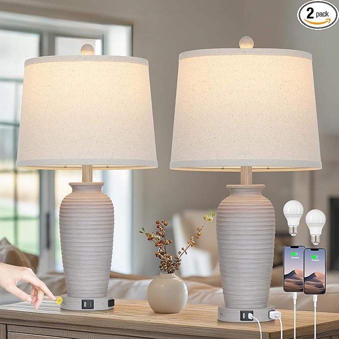 25“ Traditional Table Lamps Set of 2, Bedside Touch Lamp with USB C+A Charging Ports, Rustic Farmhouse Jar Table Lamps for Living Room Bedroom, Side Table Lamp with Beige Fabric Shade, Antique Grey-CasaMuseHome