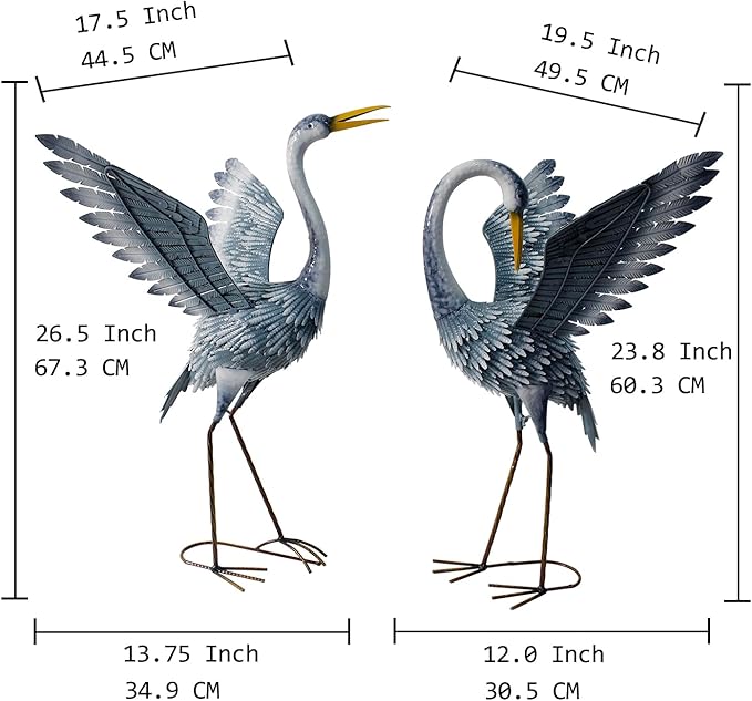 24-27 Inch Standing Crane Garden Sculptures & Statues, Crane Metal Yard Art for Backyard, Lawn, Patio, Porch, Birthday, Wedding Decorations, Gray-CasaMuseHome