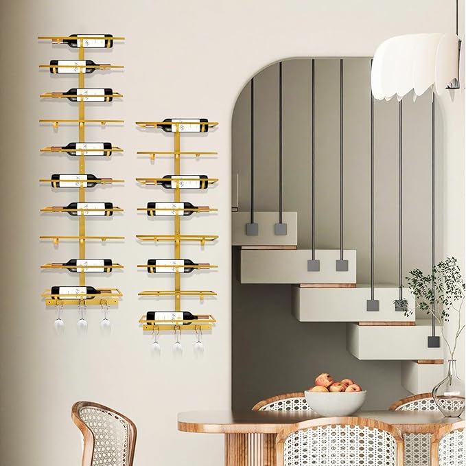 20 Bottle Wall Mount Wine Rack with Wine Glass Holder, Metal Wine Wall Rack, Wall Racks for Wine Bottles Display and Storage, Hanging Bottle Organizer for Living Dining Room Wine Cellar Bar (Gold)-CasaMuseHome