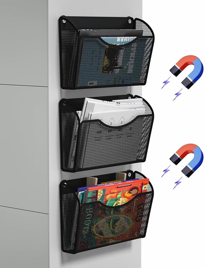 3 Pack 1-Tier Magnetic File Holder - No Drilling Installation File Organizer, Large Capacity Magnetic File Holder for Refrigerator, File Cabinets, Whiteboard, Office, Kitchen-CasaMuseHome
