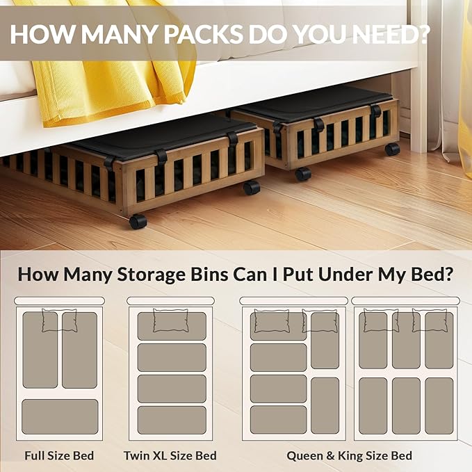2 Pack Bamboo Under Bed Storage with Wheels, 39”x20”x7.8” Lager Under Bed Storage Containers (Brown)-CasaMuseHome