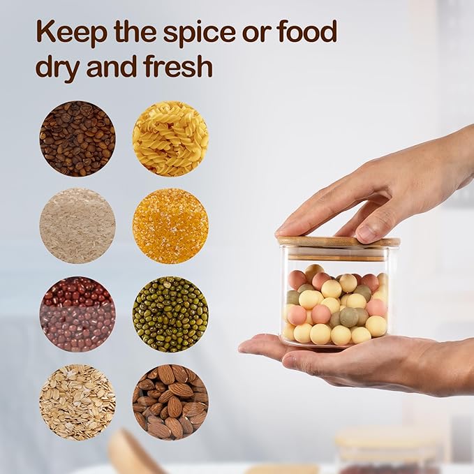 22oz Airtight Square Spice Containers with Bamboo Lid Set of 6 (650ml) Kitchen Pantry Organization Jar Stackable Spice Jar, for Sugar, Tea, Cookies and Coffee beans (‎with Black Lable)-CasaMuseHome