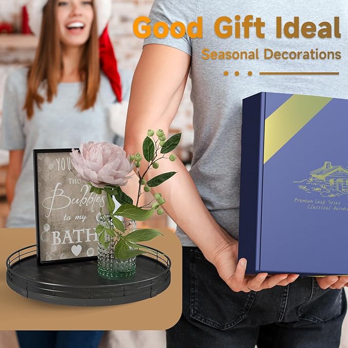 12" Oak Bathroom Vanity Tray Turntable for Perfume Candle, Round Wooden Decorative Tray for Kitchen Sink Countertop Organizer, Bathroom Counter Organizer for Skincare Makeup, Farmhouse Black Gold-CasaMuseHome
