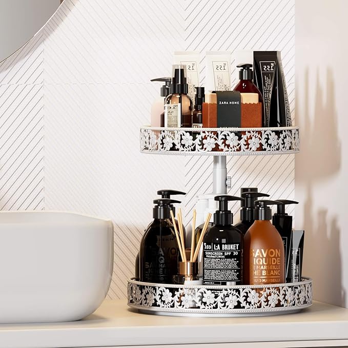 2 Tier Lazy Susan Organizer Turntable Adjustable,12 Inch Two Tier Lazy Susan Metal Easy Assembly Cleaning, Rotating Spice Rack Organizer for Cabinet Dining Table Kitchen Countertop White-CasaMuseHome