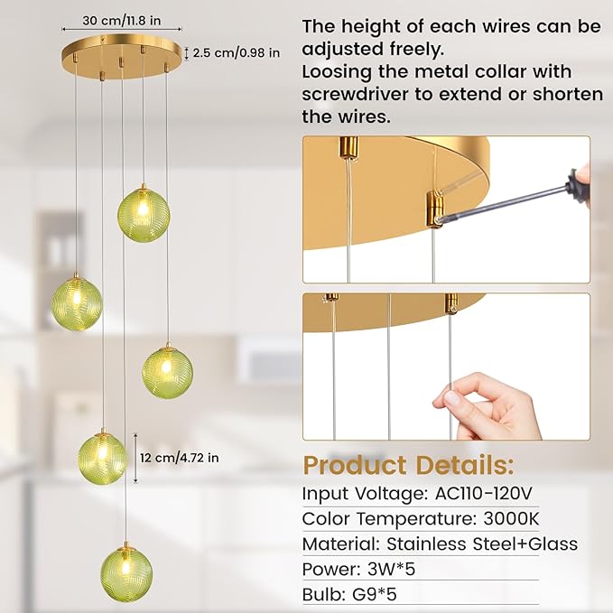 5-Light Chandelier, Globe Green Glass Flush Mount Pendant Light,15W Ceiling Hanging Light for Staircase Foyer Entryway Living Room Hotel Kitchen Island（3000K,G9 Bulbs Include）-CasaMuseHome