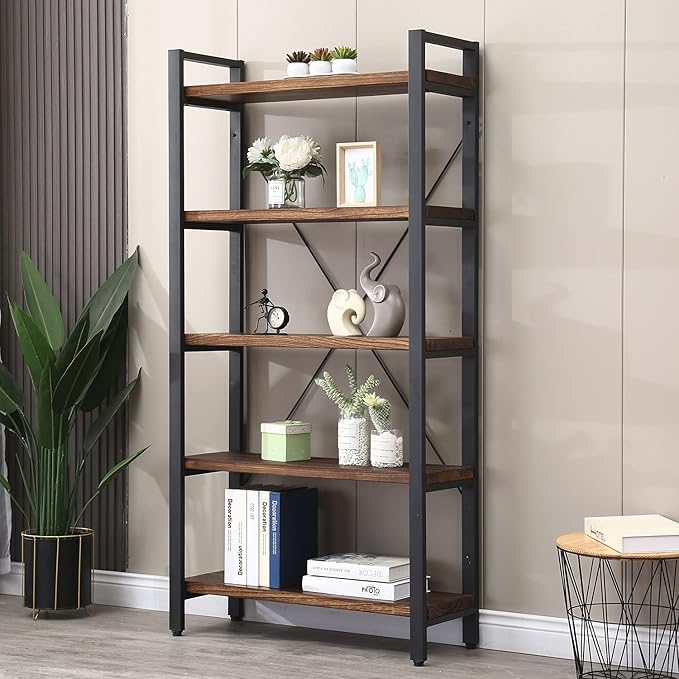 5 Tier Bookcase, Solid Wood Bookshelf Rustic Vintage Industrial Etagere Bookcase, Metal and Wood Free Vintage Bookshelf, Retro Brown (Real Wood) (5-Tiers)-CasaMuseHome