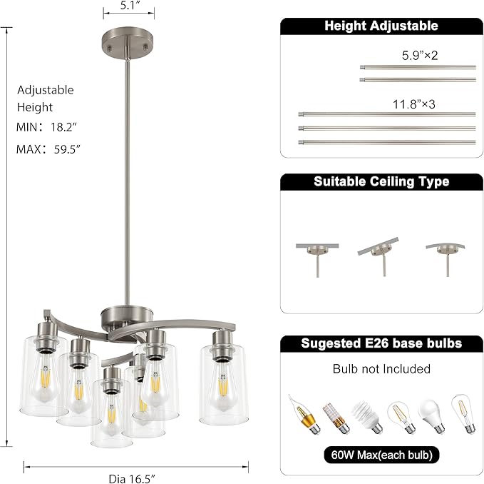 6 Light Modern Brushed Nickel Pendant Light Fixture For Dining Room，Contemporary Kitchen Light Fixtures Brushed Nickel，Adjustable Height Farmhouse Dining Chandeliers Over Table，With Glass Shade-CasaMuseHome