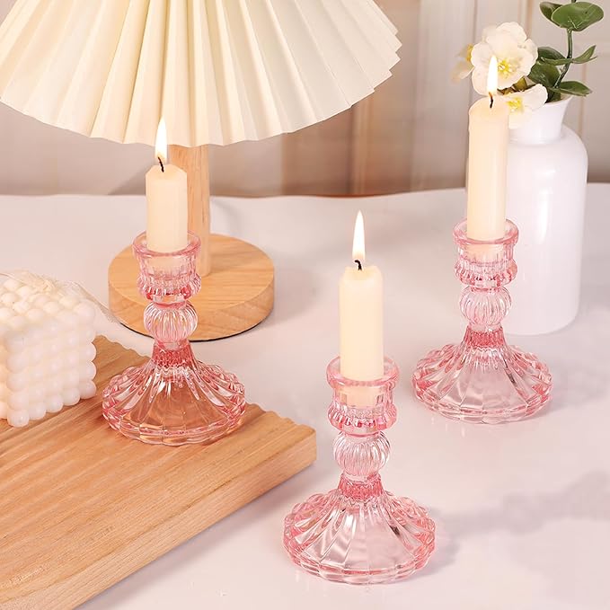 12PCS Pink Candlestick Holders Set- 4" H Taper Candle Holders, Glass Candle Holders Bulk for Wedding, Party, Home Table Centerpieces, Festival Gifts & Windowsill Decor-CasaMuseHome