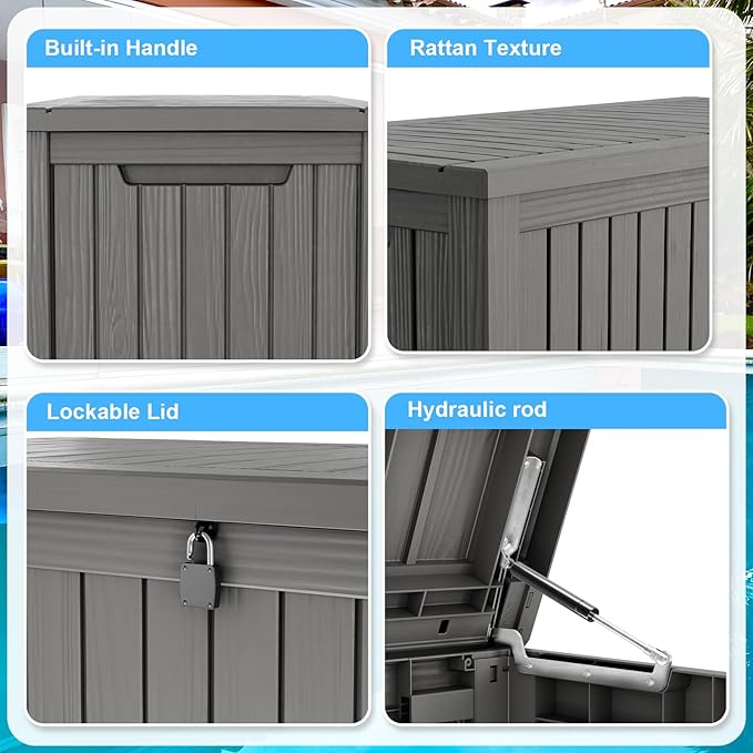 180 Gallon Deck Box,Resin Outdoor Storage Box with Lockable for Patio Furniture, Pool Accessories, Garden Tools Waterproof Outside Storage Box, Grey-CasaMuseHome