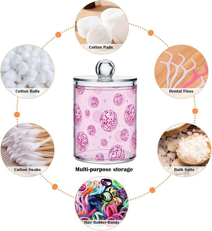 2 Pack Qtip Holder Organizer Dispenser Disco Balls Pink Bathroom Storage Canister Cotton Ball Holder Container for Cotton Pads/Swabs/Floss-CasaMuseHome