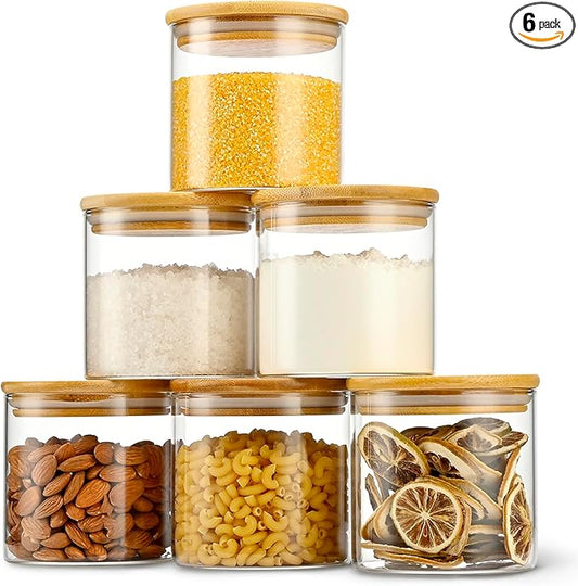 22oz Straight cylindrical Airtight Storage Jars with Bamboo Lid Set of 6 Storage Container Stackable Spice Jar, Kitchen Canister for Sugar, Tea, Cookies and Coffee beans (with Black Lable)-CasaMuseHome