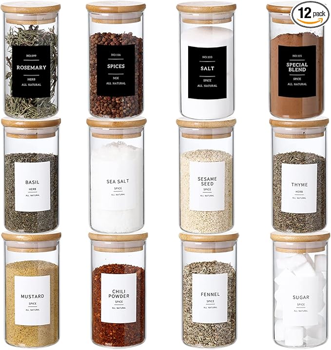 12 Pcs Glass Spice Jars With 296 Spice Labels Preprinted of White and Black Color- 10oz Thicken(2.4mm) Spice Containers With Bamboo Airtight Lids - Empty Small Herb Seasoning Jars-CasaMuseHome