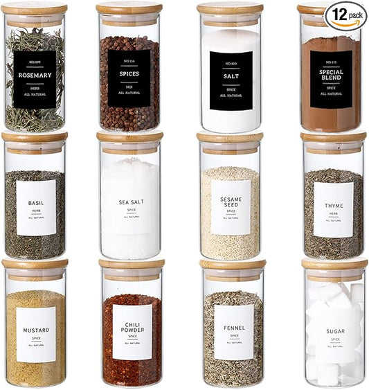 12 Pcs Glass Spice Jars With 296 Spice Labels Preprinted of White and Black Color- 10oz Thicken(2.4mm) Spice Containers With Bamboo Airtight Lids - Empty Small Herb Seasoning Jars-CasaMuseHome