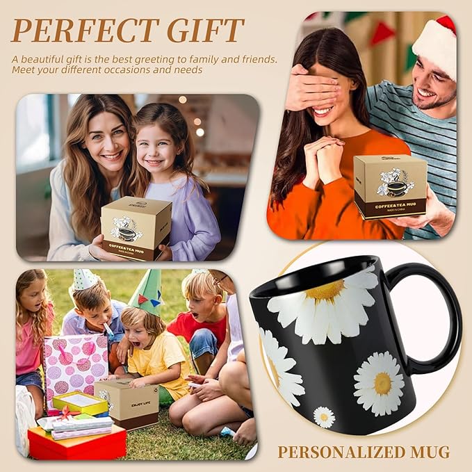 12Oz Daisy floral Black Ceramic Mug, Mug for Daily Coffee and Tea, Lead-free Microwave and Dishwasher Safe Coffee Mug, Perfect gifts for Women and men-CasaMuseHome