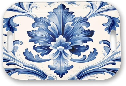Serving Trays with Handles, 14.5 x 9.8 inch Rectangular Plastic Tray for Restaurant, Kitchen, Blue and White Pattern-CasaMuseHome