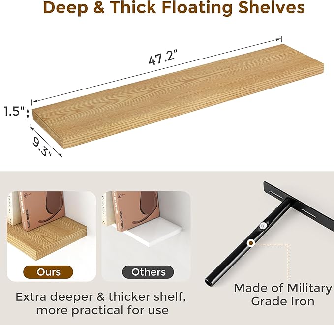 48 Inch Floating Shelves Set of 2, Rustic 48 x 9 Floating Shelf for Wall, 9 Inch Deep Bookshef Invisible Bracket, Wall-Mounted Deep Shelving for Bedroom, Kicten, Living Room, Oak Color-CasaMuseHome