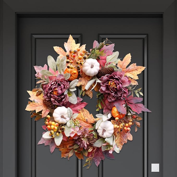 20Inch Fall Wreaths for Front Door,Fall Wreath,Fall Decorations for Home,Autumn Wreaths with White Pumpkins Peony Pine Cones, Fall Door Wreath for Thanksgiving Halloween Indoor Outdoor Decor-CasaMuseHome