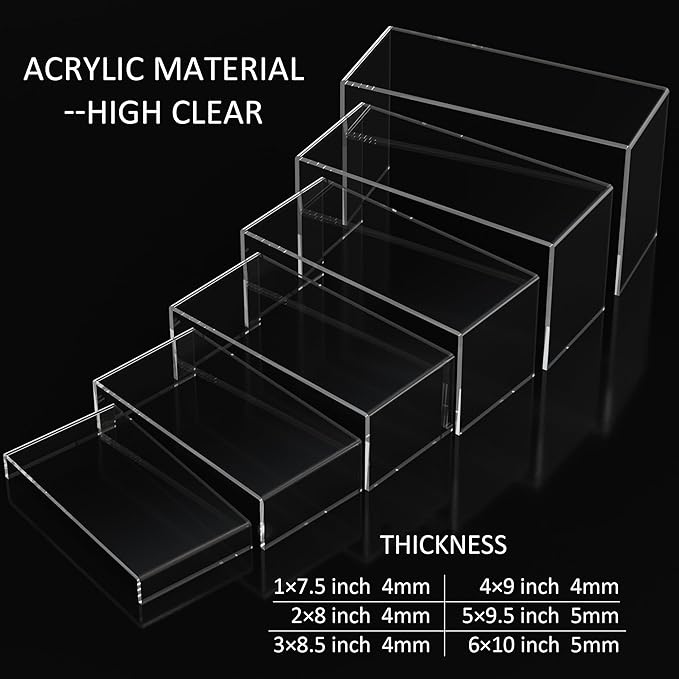 Acrylic Display Risers 6pcs, Clear Rectangular Display Organizer Stands, Acrylic Display for Funko Pop Figure, Desserts, Cupcake, Toys, Collectibles, Merchandises - 7.5''x8''x8.5''x9''x9.5''x10''-CasaMuseHome