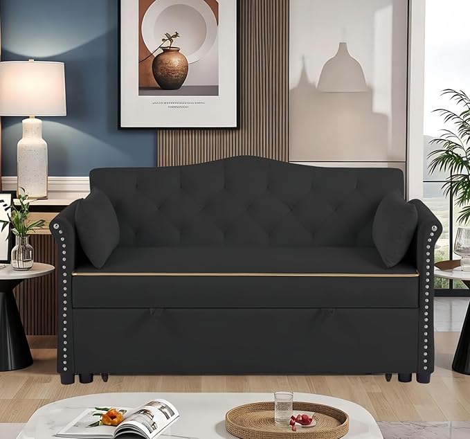 57-Inch Velvet Full Size Sleeper Sofa Couch with Pullout Bed,Convertible Pull Out with Golden Decorative Strip and Adjustable Backrest for Small Spaces,Apartment, Guest Room, RV (Black)-CasaMuseHome