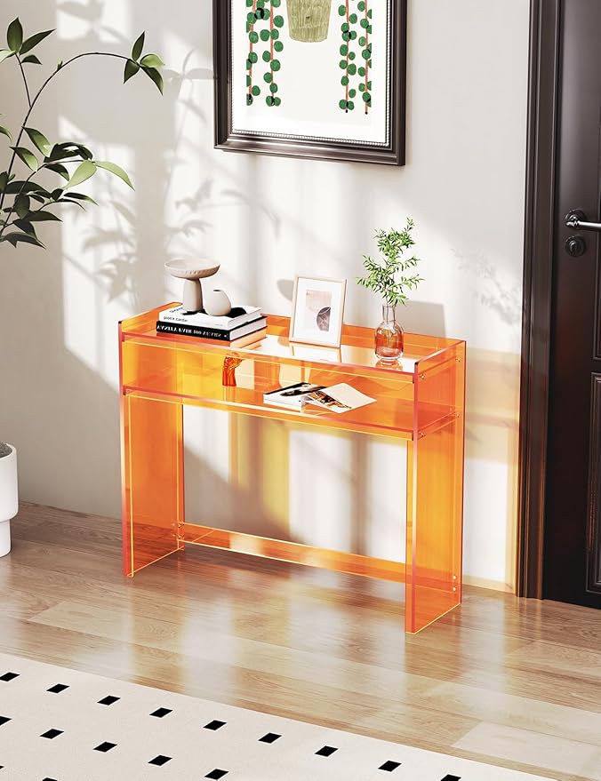 Acrylic Console Table, Entryway Table with Storage Shelves (1, 39.4 * 31.5 * 11.7 inches) (Orange)-CasaMuseHome
