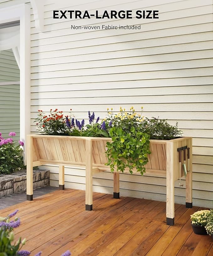 72x26x31 Inch Raised Garden Bed with Legs, 13.7In Depth Wooden Planter Box for Outdoor Growing Vegetables and Herbs, Elevated Garden Bed with Hooks for Backyard, Patio, Balcony-CasaMuseHome