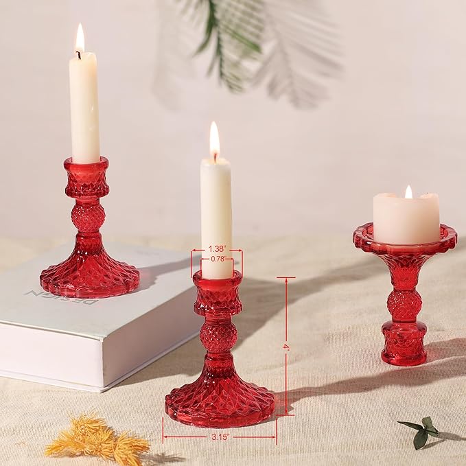 12Pcs Red Candlestick Holders Set- 4" H Taper Candle Holders Bulk, Glass Candle Holders for Activities, Party, Romantic Dinner Table Centerpieces, Festival Gifts & Windowsill Decor-CasaMuseHome