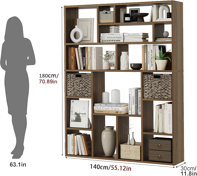 71” Tall Wooden Bookcase 6-Tier Large Bookshelves with 2 Woven Baskets, 55" Wide Floor Standing Wood Display Organizer Shelves for Living Room（Brown）-CasaMuseHome
