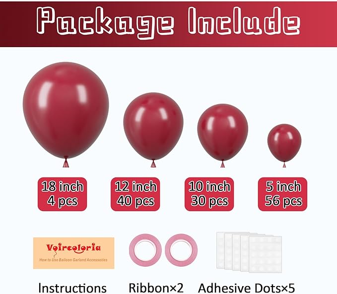 130pcs Burgundy Balloons Different Sizes 18" 12" 10" 5" Wine Red Balloons for Birthday Graduation Bride Baby Shower Wedding Decorations-CasaMuseHome