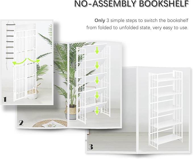 4NM No Assembly 5 Tiers Folding Bookshelf, 59.4" H Foldable Storage Shelves Vintage Bookcase Standing Racks Study Organizer Home Office - All White-CasaMuseHome
