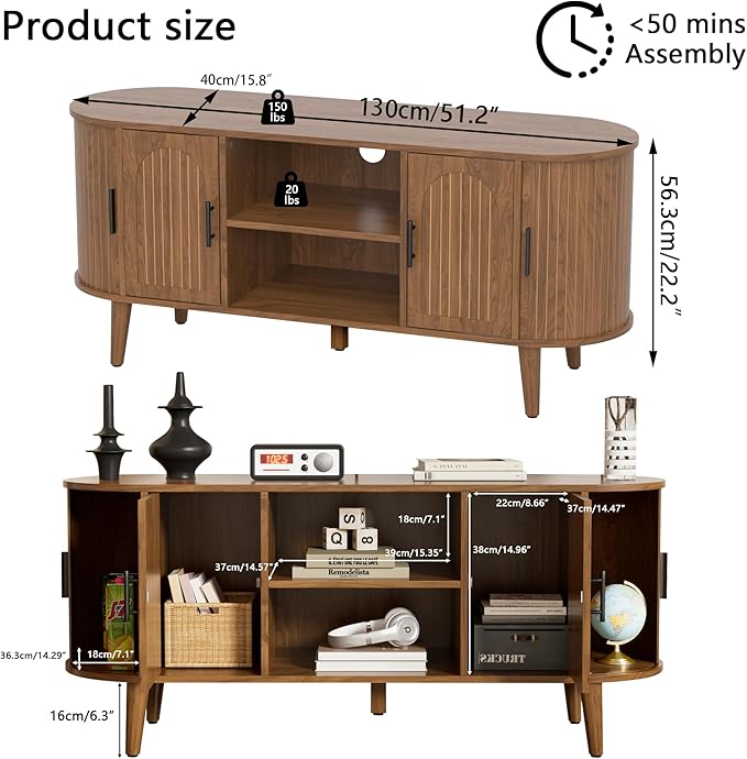 51" Fluted TV Stand, Mid-Century Modern Entertainment Center for Tvs up to 60" with Drawers and Fluted Doors, Curved TV Media Console Table with Sliding Doors for Living Room, Bedroom (51")-CasaMuseHome