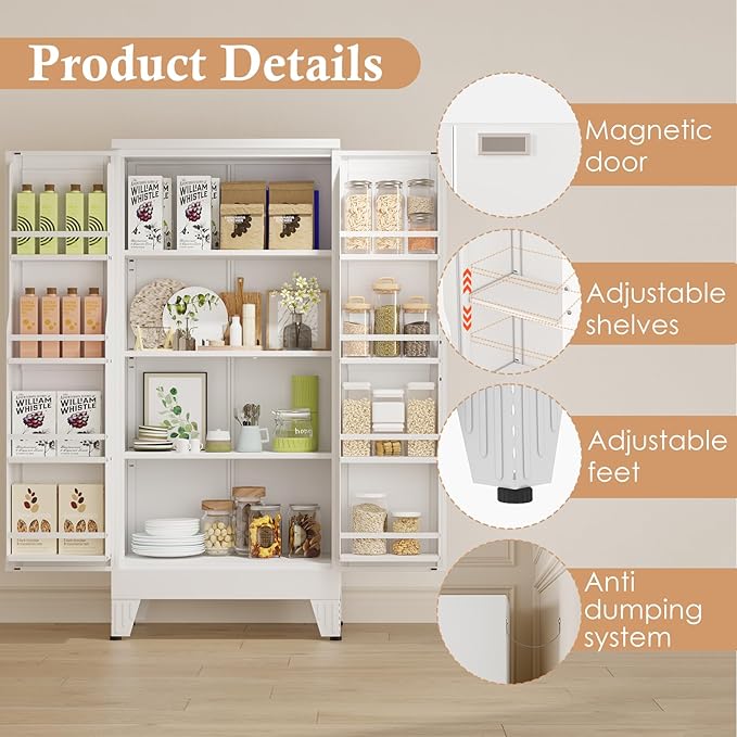 51" H Metal Kitchen Pantry Storage Cabinet, Freestanding Cupboard Storage Cabinet with Doors and Adjustable Shelves, Large Stand Up Food Cupboard for Living Room, Dinning Room, White-CasaMuseHome