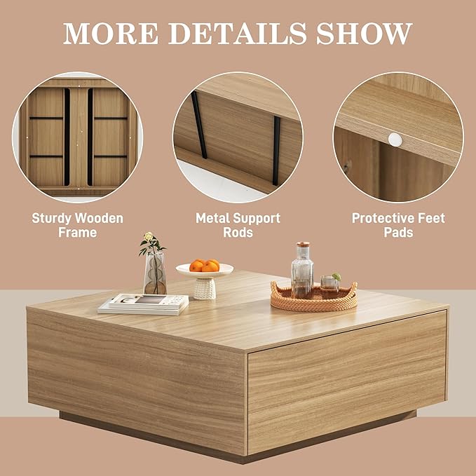 43” Square Coffee Table with Storage, 43" D x 43" W x 17" H Modern Large Square Center Table with 2 Drawers, Wood Coffee Table for Living Room, Light Brown,Bedroom,Light Brown-CasaMuseHome