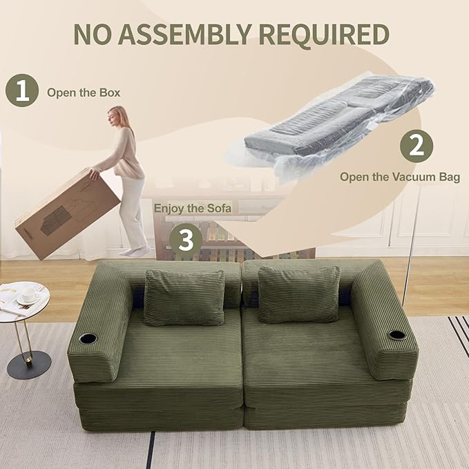 78" W Loveseat Sofa, 4 in 1 Convertible Floor Sofa Bed, Boneless Cloud Couch with Cup Holder, Fold Out Floor Couch, Loveseat Recliner Sleeper for Living Room Bedroom Lounge(Corduroy, White)-CasaMuseHome