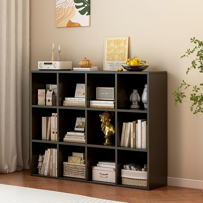 12-Cube Storage Shelf Bookcase - Wooden 3-Tier Floor Standing Open Bookshelf for Home and Office, Display Cabinet, Black-CasaMuseHome
