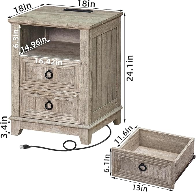 18" Farmhouse Night Stands Set of 2 with Charging Station, 2 & 3 Drawers End Table Dresser for Bedroom, Oak Wooden Nightstand, Bed Side Table with Open Shelf, Bedside Cabinet for Living Room-CasaMuseHome