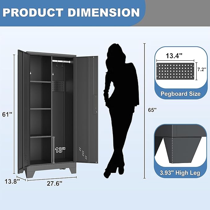 61" Broom Closet Storage Cabinet, Metal Storage Cabinet with Doors, Utility Cabinets for Brooms and Mops, Cleaning Tool Cabinets for Garage, Laundry Room, Bathroom-CasaMuseHome