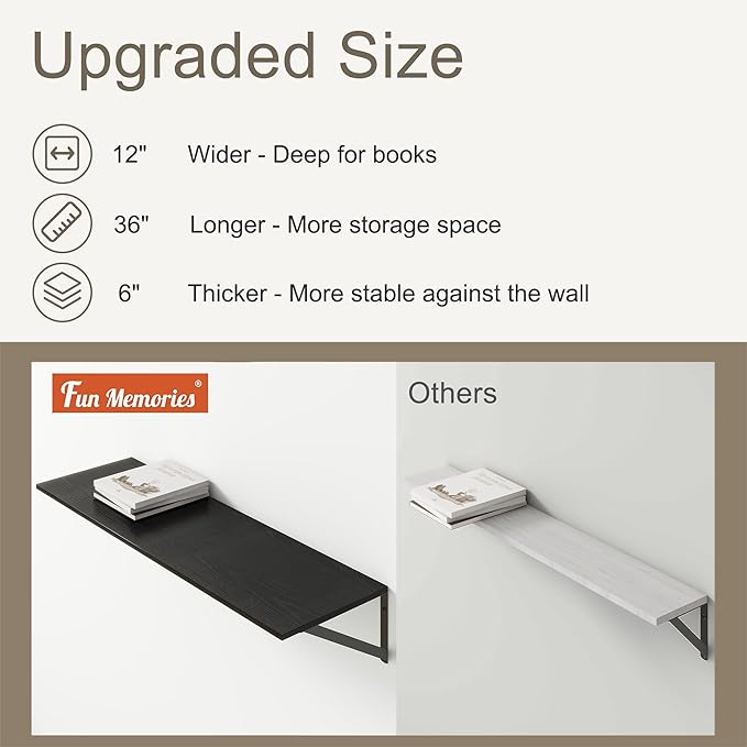36"W x 12"D Floating Shelves, Black Deep Floating Shelves for Wall with Brackets, 12 Inch Deep Wall Shelves for Books, Wide Display Storage Shelves for Bathroom, Living Room, 36 Inch Long, Set of 2-CasaMuseHome