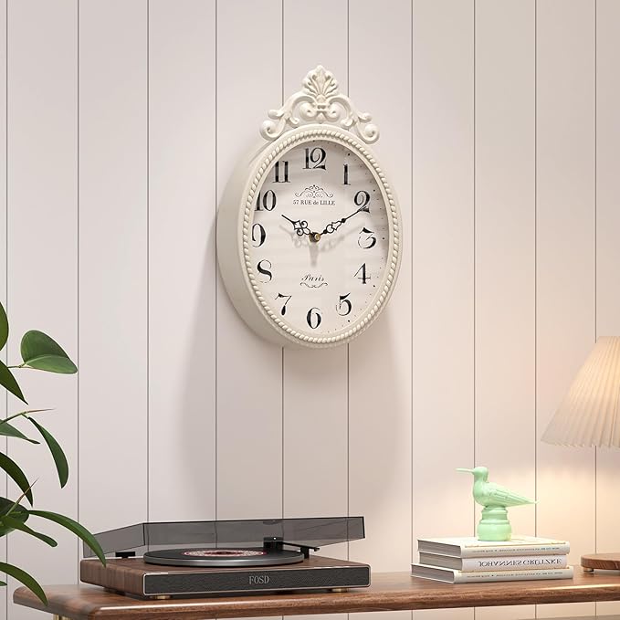 Abdurey Small French Retro Decorative Wall Clock, Ivory White Vintage Oval Style,Silent Battery Operated Boho Decor Wall Clocks for Farmhouse,Kitchen,Bedroom,Bathroom(10.4" H x 6.7" W)-CasaMuseHome