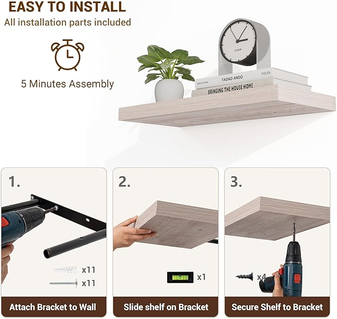 36 Inch Floating Shelves, 3D Textured Wood Grain, 36"x9.25"x1.5" Inch Deep Floating Shelves for Wall, Wooden Shelves for Bathroom, Bedroom, Living Room, Washed White-CasaMuseHome