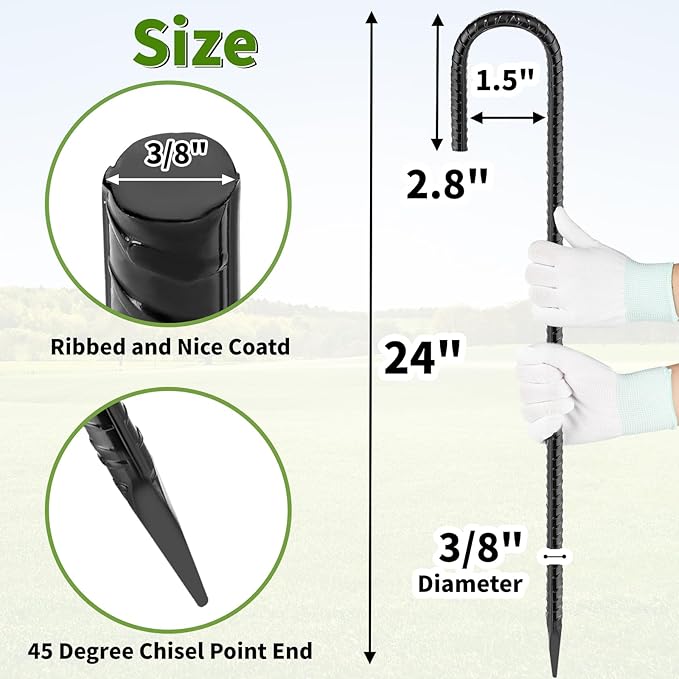 24 inches J Hook Rebar Stakes (16-Pack), Extra Long Garden Stakes with Chisel Point End Steel Rebar Ground Stakes for Tent Chain Link Fence and Outdoor Decorations Black Coated-CasaMuseHome
