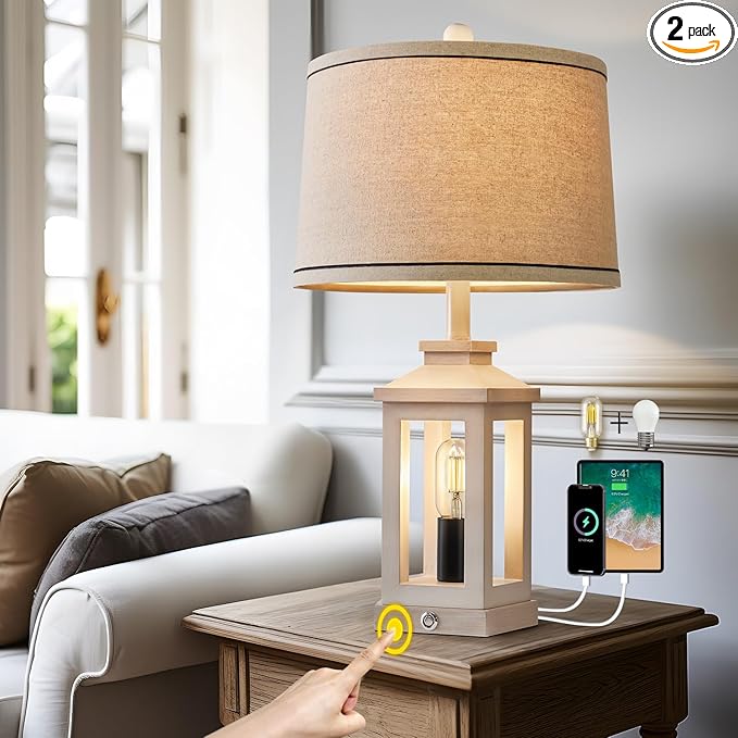 23.75" Retro Farmhouse USB C+A Ports Table Lamp with 3 Way Dimmable Touch Control White Nightlight Vintage Modern Lamp for Living Room Bedroom with 2 Light Sources-CasaMuseHome