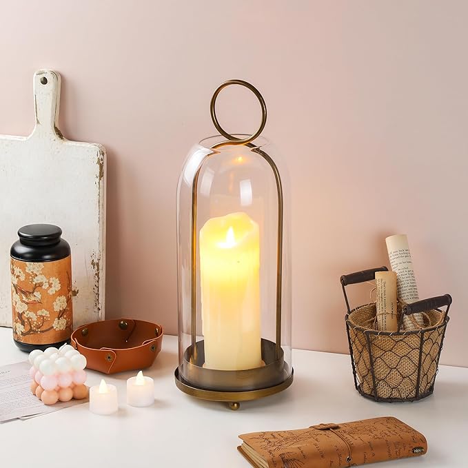 16" High Versatile Modern Metal Hurricane Lantern with Handmade Sturdy Glass Dome for Pillar Candle & Plants (Brass, 6.3"x16.5")-CasaMuseHome