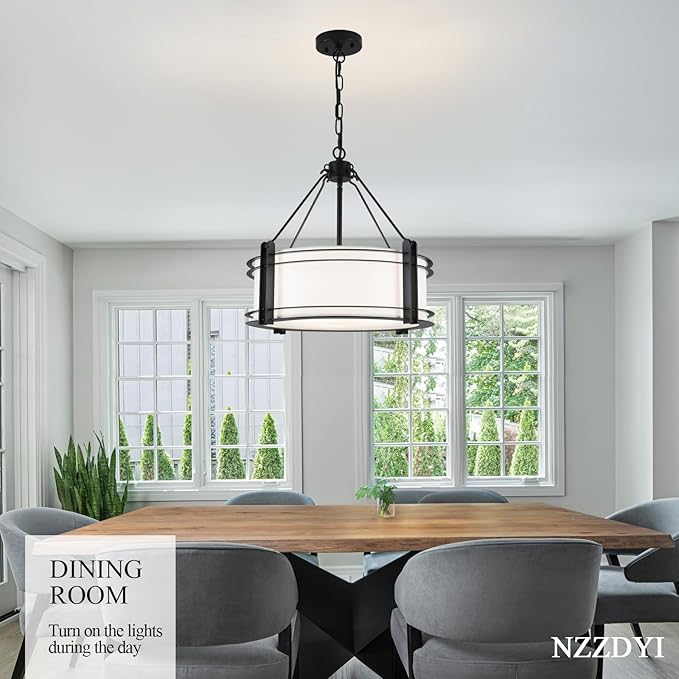 16.3''Black Drum Chandelier 3-Light Modern Farmhouse Chandelier with White Fabric Shade Adjustable Drum Pendant Light Fixture for Dining Room Kitchen Island Hallway Living Bedroom-CasaMuseHome