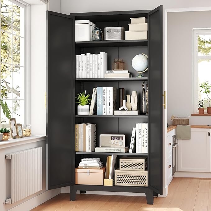 70.87" H Metal Kitchen Pantry Cabinet, Freestanding Cupboard with 2 Doors and 4 Adjustable Shelves, Tall Metal Storage Cabinet for Kitchen, Bathroom, Dinning Room or Laundry Room （Black）-CasaMuseHome