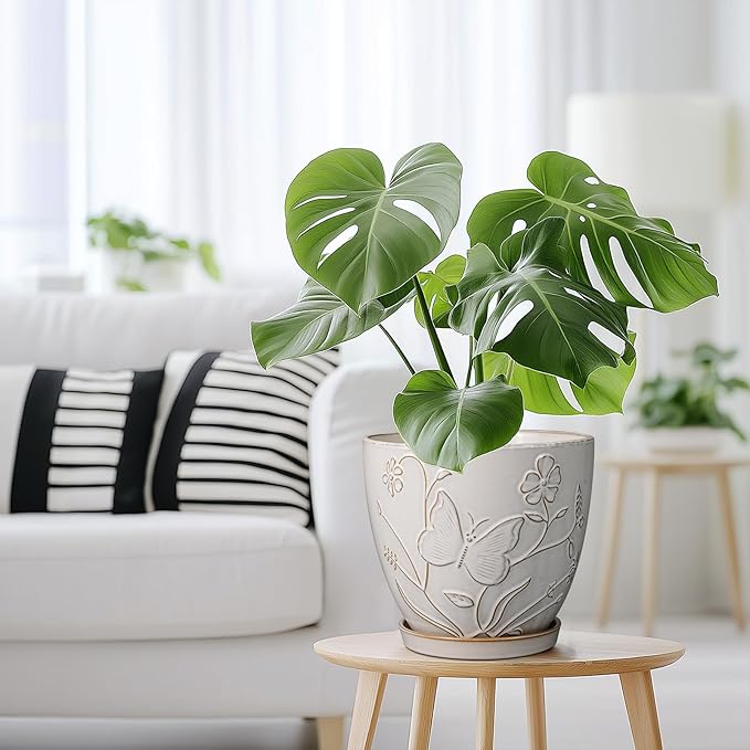 8 Inch Ceramic Pots for Plants Large Planter Pot with Drainage Hole and Saucer Round Flower Pot for Indoor Outdoor Decor, White-CasaMuseHome